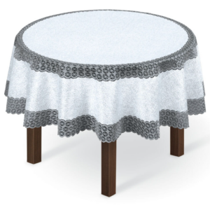 Obrus żakardowy okrągły biało-srebrny śr. 150 cm 249003